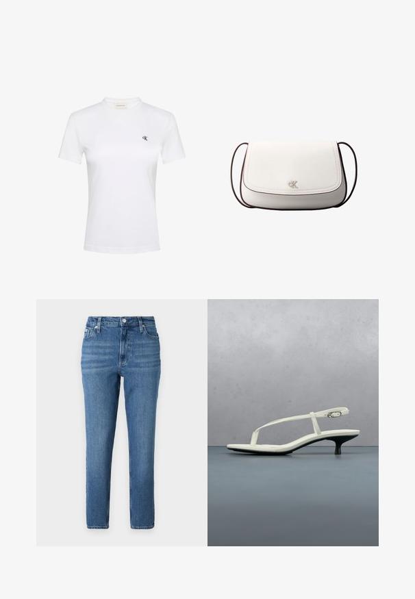 Camiseta blanca de manga corta con cuello redondo, con pequeño logo negro "cK" en el pecho izquierdo y etiqueta Calvin Klein Jeans dentro del cuello.; Jeans de mezclilla azul claro con cintura alta, diseño de pierna recta, estilo de cinco bolsillos y sutil desgaste. Cuenta con cierre de botón metálico y cremallera.; Sandalia blanca de tacón kitten con tiras y punta afilada, flotando sobre un suelo de baldosas de madera al aire libre, con un fondo desenfocado de plantas y pared.; Bolso bandolera blanco con cierre de solapa, pequeño logo plateado "cK" centrado y correa ajustable delgada de color marrón oscuro.