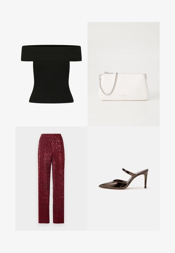 Schwarzes geripptes Off-Shoulder-Top mit breitem umgeschlagenem Ausschnitt und tailliertem Bund, entworfen für eine schlanke Silhouette.; Rote Hosen mit Pailletten, gerades Bein und elastischem Bund. Mit vertikalen Rippstrukturen für zusätzliche Textur.; Glänzender dunkelbrauner Mule mit spitzer Spitze und hohem Absatz mit schmalem Riemen über dem Spann vor weißem, einfachem Hintergrund.; Weiße Leder-Clutch mit silberner Kettenriemen, Reißverschluss und dezentem Logo auf der Vorderseite. Glatte Textur und rechteckige Form.