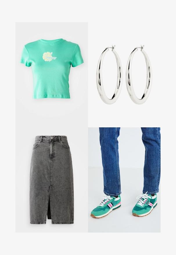 Geknipte t-shirt van lichte teal stof met een bloemendessin en het "ROXY" logo in wit en geel op de voorkant in het midden. Korte mouwen.; Hoge taille, vervaagde zwarte denim midi-jurk met een split aan de voorkant, riemlussen en een klassieke vijf-pocket ontwerp.; Groene sportsneakers met witte en marineblauwe accenten, roze streepdetails en een gestructureerde stof. Geveterd met witte veters; rubberen zool.; Zilveren creool oorbellen met een gladde, reflecterende oppervlak. Ronde, grote vorm met een veilige sluiting aan de bovenkant. Gepolijste afwerking toont de glans.