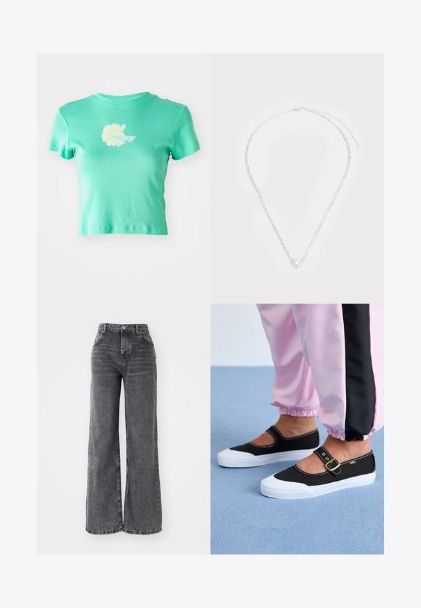 T-shirt court en tissu teal clair avec un motif floral et le logo "ROXY" en blanc et jaune au centre devant. Manches courtes.; Pantalon en denim gris à jambes larges avec une taille haute, doté d'un style à cinq poches traditionnel et d'une finition légèrement délavée.; Baskets noires en toile avec une semelle blanche, présentant un design découpé et une sangle en boucle dorée. Portées avec un pantalon de survêtement rose.; Collier en chaîne en argent avec un pendentif en forme de cœur en pierre précieuse transparente au centre, des maillons ovales et un fermoir en mousqueton sécurisé.
