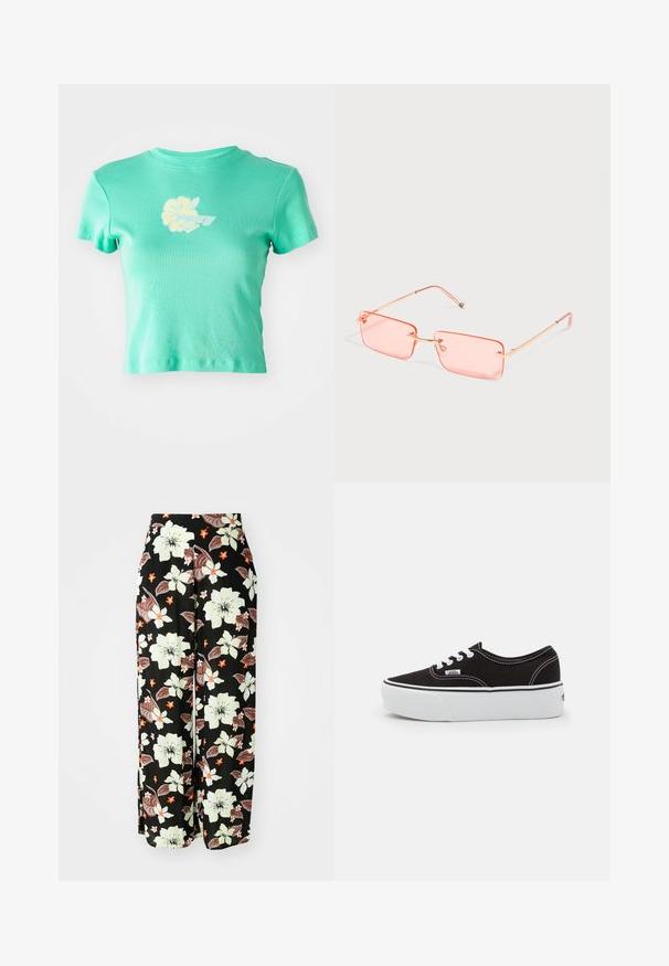 Korthættet t-shirt i lyseblå stof med et blomstermønster og "ROXY" logo i hvid og gul på forsiden. Korte ærmer.; Sorte blomstrede bukser med store hvide, orange og brune blomster, med et løst, bredt ben-design og blødt, letvægtsstof.; Sort lærred sneakers med en hvid gummi platform sål, der har hvide snørebånd og syninger, ikonisk branding på siden, lav-top design.; Rektangulære, lyserøde kantløse solbriller med tynde, gyldne metalstel og justerbare næsepuder på en enkel lys baggrund.