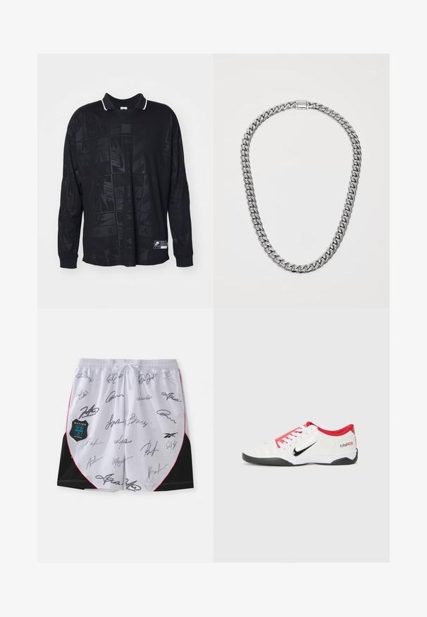 Polo negro de manga larga con un patrón texturizado, cuello blanco en contraste y etiqueta del logo de Nike en el lado inferior izquierdo.; Pantalones cortos blancos con acentos negros y ribete rojo, con múltiples firmas en negro. Incluye un logo de Botter Antwerp en el lado izquierdo.; Zapatilla deportiva blanca con acentos rojos, logotipo Swoosh negro y diseño texturizado. Cuenta con cordones blancos y una suela negra. El texto dice "total90".; Collar de cadena en tono plateado con eslabones curb gruesos y planos, y un cierre rectangular grabado con el nombre de la marca sobre un fondo blanco.