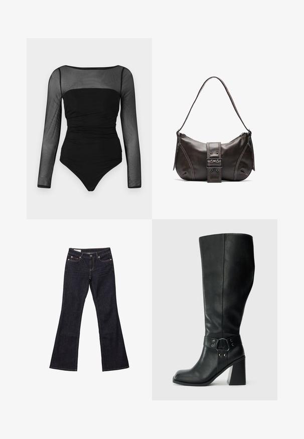 Maillot de bain une pièce noir avec de longues manches transparentes, présentant un décolleté carré et une texture froncée sur le torse. Design lisse et ajusté.; Jeans évasés en denim bleu foncé avec cinq poches, rivets en cuivre et coutures contrastantes. Texture lisse avec une coupe droite et décontractée.; Bottes en cuir noires arrivant au genou, avec un bout carré, un large talon et une sangle décorative avec des accents métalliques autour de la cheville. Texture lisse.; Sac à épaule en cuir marron avec une forme courbée, présentant un détail de boucle proéminent, des coutures contrastantes et une seule bandoulière.