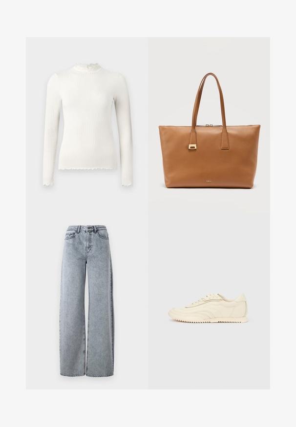 Hvid ribbet langærmet top med løgkant ved høj halsudskæring og kant, tætsiddende stil, vist på ensartet lysegrå baggrund.; Lysvasket denim brede bukser med høj talje, der har forlommer, bæltestropper og kontrastsyninger.; Lavprofileret sneaker i cremefarve med bølget syning, snørebånd og en rilleret sål, vist fra siden på en ensfarvet baggrund.; Tote taske i tan læder med to skulderremme, guld lynlås lukning og lille guldfarvet logomærke på forsiden.