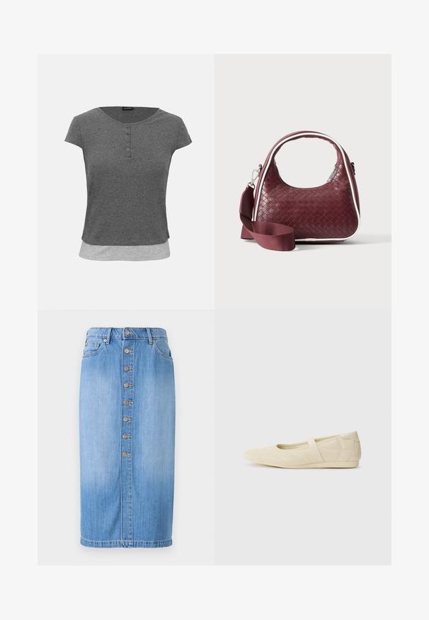 Haut en maille côtelée manches courtes gris foncé avec encolure ronde, patte à quatre boutons et détail d’ourlet superposé gris clair.; Jupe midi en denim bleu avec une coupe droite, dotée d'une fermeture à boutons sur le devant, de cinq poches et d'un délavage pour une texture.; Ballerines beiges avec une exterior en cuir lisse, un bout en forme d'amande et une sangle élastique sur le coup de pied, avec des détails de couture subtils.; Sac à main en cuir tressé marron foncé avec poignée courbée, garniture blanche, fermeture éclair argentée et bandoulière large en tissu amovible sur fond uni.