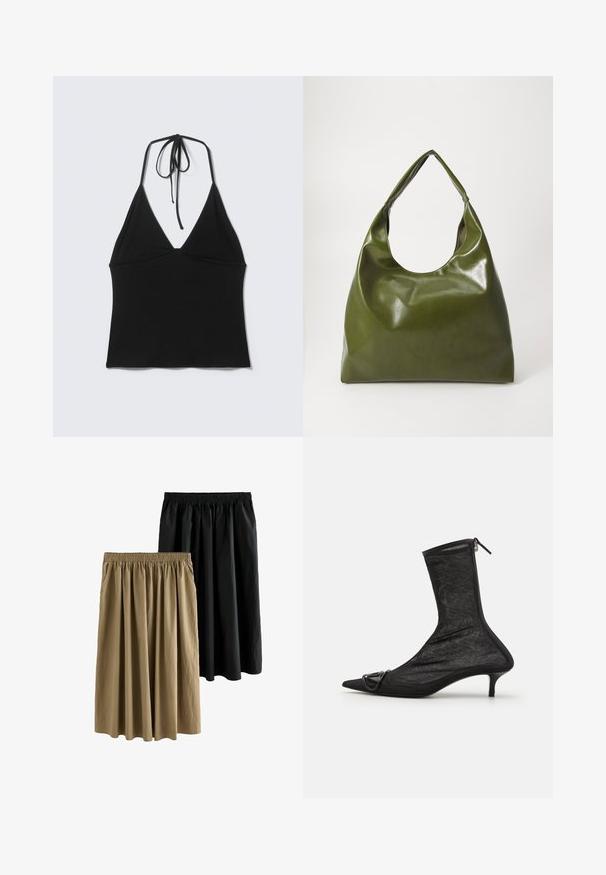 Sort halter crop top uden ærmer med tynde stropper, der bindes bag på nakken, på ensartet lys baggrund.; To knælange nederdele: en sort og en khaki. Begge har en elastisk talje og et flydende design med blødt, struktureret stof.; Sorte mesh ankelstøvler med spidse tæer, lynlås og en lille hæl. Har en dekorativ spændeaccent nær tåområdet.; Grøn læder hobo taske med en slouchy design, buet håndtag og glat tekstur. Indeholder ingen synlig hardware eller accenter.
