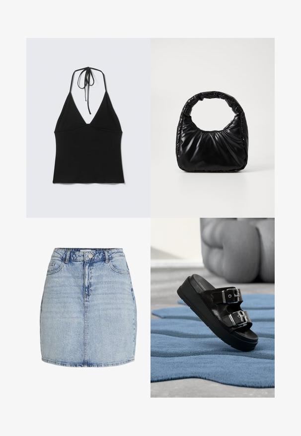 Schwarzes ärmelloses Neckholder-Crop-Top mit dünnen Trägern, die am Nacken hinten gebunden sind, vor schlichtem hellem Hintergrund.; Hellblaue Jeans-Minirock mit vorderem Knopf- und Reißverschluss, Gürtelschlaufen und vorderen Taschen.; Schwarze Slide-Sandale mit zwei silbernen Schnallen, Plateau-Sohle, auf einem strukturierten blauen Teppich platziert, mit verschwommenem beigem Möbel im Hintergrund.; Schwarze gepolsterte Handtasche mit einem runden Griff, die eine glatte, glänzende Oberfläche und eine weiche, gestepfte Textur aufweist. Keine sichtbare Hardware oder Akzente.
