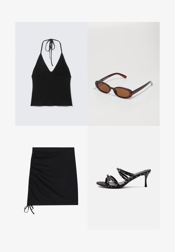 Top corto negro sin mangas con cuello halter y tirantes finos anudados en la parte trasera del cuello sobre un fondo liso y claro.; Mini falda negra hecha de una tela suave, con frunces laterales y lazos en el dobladillo. Textura suave con una silueta ajustada.; Sandalia negra de tacón alto con lunares blancos, puntera abierta y finas tiras cruzadas sobre un fondo claro liso.; Gafas de sol redondas con tinte marrón y un marco burdeos brillante. Patillas delgadas con un sutil detalle de marca. Diseño de lentes planos.
