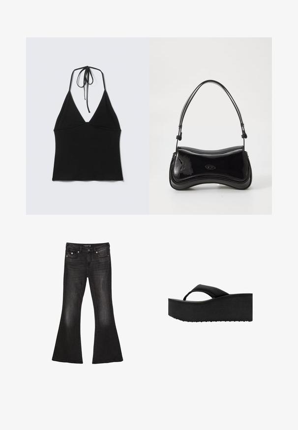 Sort halter crop top uden ærmer med tynde stropper, der bindes bag på nakken, på ensartet lys baggrund.; Sorte denim flare jeans med mid-waist, der har fem lommer, kontrasterende syninger og hardware i sølvfarve.; Sort platform flip-flop med tyk polstret sål og bred tårem, set fra siden på hvid baggrund.; Sort patentlæder håndtaske med en buet form, et enkelt håndtag og en rund bund. Har en subtil logo-detalje på forsiden.