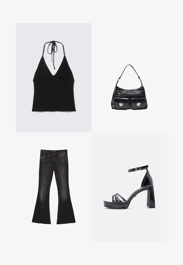 Sort halter crop top uden ærmer med tynde stropper, der bindes bag på nakken, på ensartet lys baggrund.; Sorte denim flare jeans med mid-waist, der har fem lommer, kontrasterende syninger og hardware i sølvfarve.; Sorte laklæder højhælede sandaler med remdesign, åben tå, tyk platform og ankelrem med spænde.; Sort læderhåndtaske med en enkelt strop, én lynlåslomme og to frontlommer med klapslukning.