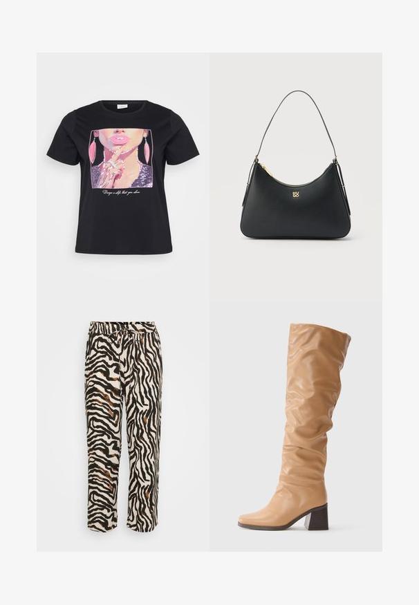 Sort t-shirt med et palietmotiv af en kvindes ansigt med pink læber og øreringe, samt teksten "Design en selv, som du elsker" under.; Bindebåndsbukser i lette stoffer med et sort-hvidt zebra mønster og brune accenter. Løs pasform og cropped længde.; Høj, tan læderstøvle med løs pasform, blokhæl, skråt spids tå og mørk sål mod en simpel lys baggrund.; Sort læderhåndtaske med gyldent lynlås, tynd rem og gyldent "HUGO"-logo centreret på fronten.