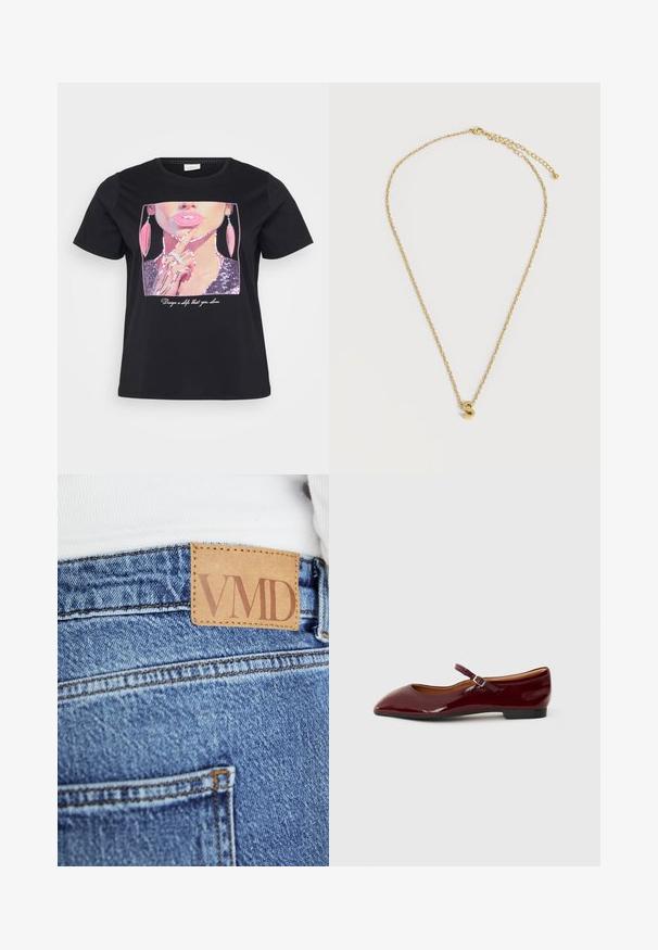 T-shirt noir avec un graphique en sequins d'un visage de femme, avec des lèvres roses et des boucles d'oreilles, et le texte "Créez un vous que vous aimez" en dessous.; Gros plan sur un jean en denim bleu avec une étiquette en cuir marron cousue sur la ceinture affichant le texte "VMD".; Ballerines en vernis bourgogne avec un bout pointu et une fine bride de cheville dotée d'une petite boucle. Semelle plate avec une finition lisse.; Collier délicat en chaîne d’or avec fermoir ajustable et petit pendentif en or en forme de lettre « S » centré sur fond blanc.