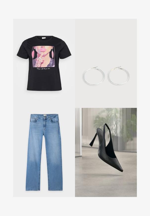 Zwarte t-shirt met een paillettenafbeelding van een vrouwengezicht, met roze lippen en oorbellen, en de tekst "Ontwerp een zelf waar je van houdt" eronder.; Lichtblauwe rechte jeans met knoop- en ritssluiting, riemlussen en vijf zakken, plat neergelegd op een witte achtergrond.; Zwart leren slingback stiletto hak met puntige neus, zwevend boven een gladde betonnen vloer en verticale metalen paneel achtergrond.; Een paar glanzende zilveren oorringen met dunne draadafsluitingen, getoond op een lichtgrijze achtergrond.