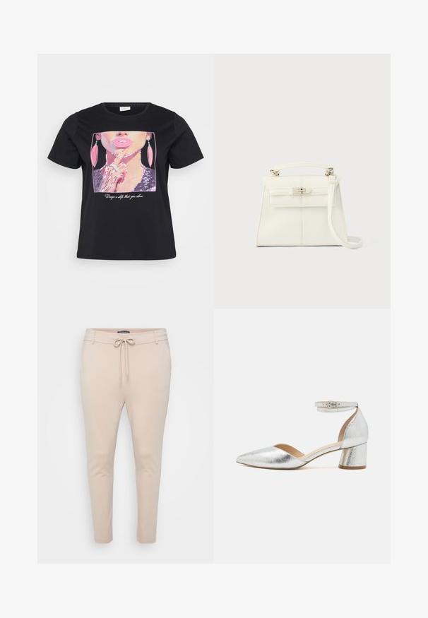 Zwarte t-shirt met een paillettenafbeelding van een vrouwengezicht, met roze lippen en oorbellen, en de tekst "Ontwerp een zelf waar je van houdt" eronder.; Beige lichtgewicht joggerbroeken met een trekkoord in de taille en twee zijzakken. Gladde textuur, taps toelopende benen en minimale naaddetails.; Zilveren metallic puntige enkellaarsjes met lage blokhak en enkelbandje met gesp op een witte achtergrond.; Witte leren handtas met een gestructureerde vorm, bovenhandvat, afneembare schouderriem en een zilverkleurige sluiting. Gladde textuur, minimalistisch design.