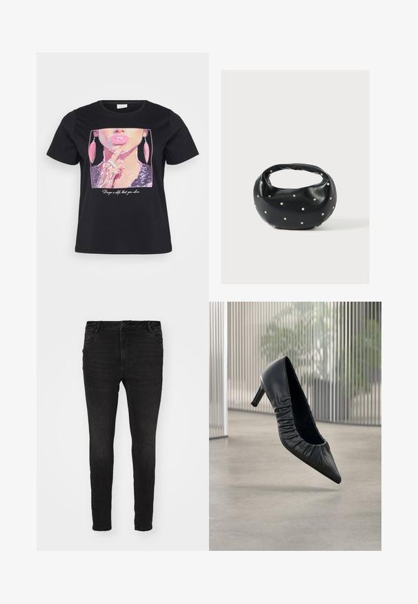 Sort t-shirt med et palietmotiv af en kvindes ansigt med pink læber og øreringe, samt teksten "Design en selv, som du elsker" under.; Vero Moda Curve Skinny fit VMCFLASH Mid rise - Jeans Skinny Fit - black denim; Sort læder pumps med høje hæle, spids tå og rynket tekstur på overdelen. Glat finish; moderat hælhøjde.; Sort læderhåndtaske med en rundet form, dekoreret med sølvnitter, og et kort håndtag. Glat tekstur og lynlåslukning.
