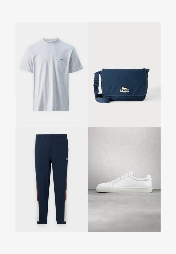Camiseta de algodón gris con mangas cortas, escote redondo y un bolsillo en el pecho izquierdo que presenta un pequeño logo verde. Textura suave, corte casual.; Pantalones de chándal navy fabricados con un tejido suave, con paneles laterales en marrón y crema, cinturilla elástica y un pequeño logo en la parte frontal.; Zapatilla blanca con parte superior de cuero liso y perfil bajo. Presenta una puntera redondeada, seis ojales y una suela de goma texturizada.; Bolso bandolera Lacoste azul marino con correa ajustable y parche con logotipo en la solapa frontal, sobre un fondo claro y liso.