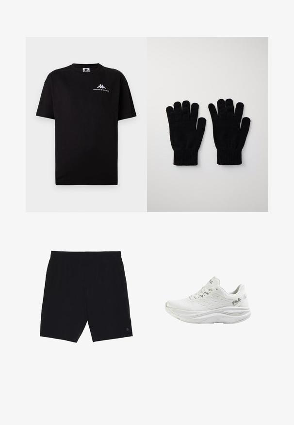 Sort T-shirt med korte ærmer og rund hals, med lille hvid Kappa-logo og teksten "Fondato in Italia" på øverste venstre bryst.; Sorte shorts lavet af letvægtsstof, med elastisk talje, to sidelommer og et lille logo på nederste højre side.; Hvid sportssko med mesh-overdel, teksturerede detaljer, snørelukning, polstret krave og en buet, polstret sål. Fila-logo synlig.; Sorte strikkede handsker med fingeråbninger og ribbede håndledsmuffer. Glat tekstur, standard pasform og enkelt design. Ideel til koldt vejr.