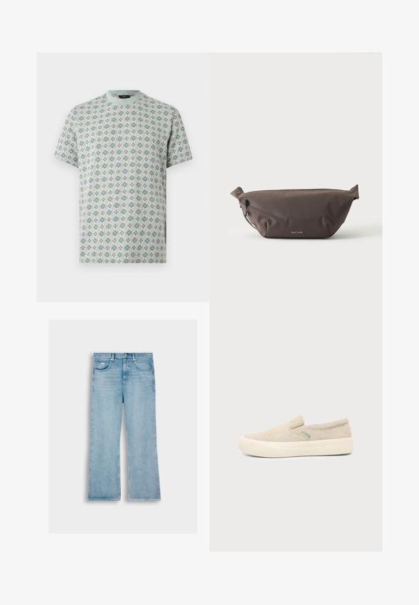 Korte mouwen, T-shirt met ronde hals met een pastelblauw, groen en crèmekleurig geruit bloemenmozaïekpatroon op een lichte achtergrond.; lichtblauwe denim jeans met een rechte pijp, met vijf zakken, een knoopsluiting en stiksels langs de naden.; Lichtbeige instapsneaker met gestructureerd stoffen bovenwerk en dikke off-white rubberen zool op een effen achtergrond.; Donkerbruine stoffen heuptas met diagonale ritssluiting en klein wit logo aan de voorkant, tegen een effen lichte achtergrond.