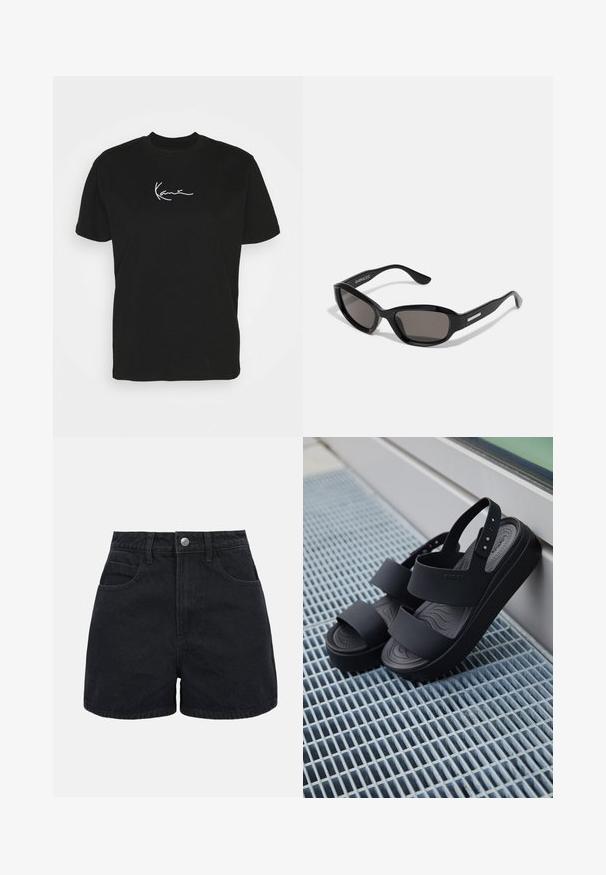 Sort bomulds t-shirt med korte ærmer, prydet med en hvid signaturgrafik på brystet og en klassisk rund halsudskæring.; Sorte denimshorts med høj talje, frontknap, bæltestropper og to forlommer på en ensfarvet hvid baggrund.; Sorte platformsandaler med to brede remme og en bagrem, placeret på en metalristet overflade ved siden af et glasvindue.; Sorte solbriller med rektangulært stel, mørke linser, glat plastmateriale og en metalaccent på templet.