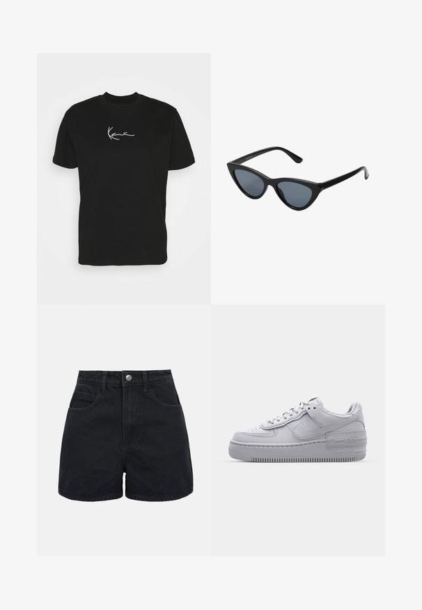 Sort bomulds t-shirt med korte ærmer, prydet med en hvid signaturgrafik på brystet og en klassisk rund halsudskæring.; Sorte denimshorts med høj talje, frontknap, bæltestropper og to forlommer på en ensfarvet hvid baggrund.; Grå Nike Air Force 1 sneakers med perforeret tå, glat læderoverdel, tyk sål og præget 'AIR' detalje på hælen.; Sorte katteøje solbriller med mørkegrå linser, slankt plastisk stel, spidse hjørner og lige stænger. Ingen synlig hardware eller dekorationer.