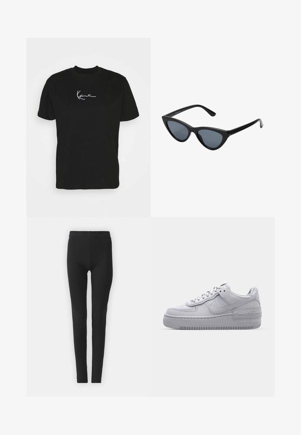 Zwarte katoen t-shirt met korte mouwen, voorzien van een witte handtekening graphic op de borst en een klassiek ronde hals ontwerp.; Zwarte, rekbare leggings met een strakke pasvorm, uitgerust met een hoge tailleband en een gladde textuur. Geen zichtbare patronen of hardwaredetails.; Grijze Nike Air Force 1 sneaker met geperforeerde neus, glad leren bovenwerk, dikke zool en verhoogde 'AIR' details op de hiel.; Zwarte cat-eye zonnebril met donkergrijze lenzen, slank plastic frame, puntige hoeken en rechte pootjes. Geen zichtbare hardware of accenten.