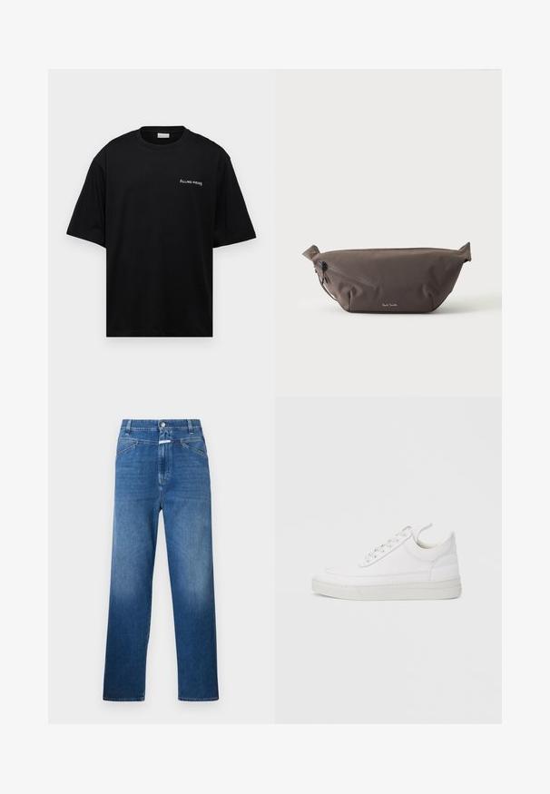 Schwarzes Baumwoll-T-Shirt mit lockerer Passform, kurzen Ärmeln und einem weißen "FILLING PIECES"-Logo auf der linken Brust. Glatte Textur.; Blaue Denim-Jeans mit geradem Bein, ausgestattet mit einem Knopfverschluss, Gürtelschlaufen und dezenten Ausbleichungen an den Oberschenkeln.; Weißer Ledersneaker mit abgerundetem Zehenbereich, flacher Sohle und Schnürverschluss. Verfügt über Nahtdetails und einen gepolsterten Kragen für zusätzlichen Komfort.; Dunkelbraune Stoff-Gürteltasche mit diagonalem Reißverschlussfach und kleinem weißen Logo vorne, vor einem einfarbigen hellen Hintergrund.