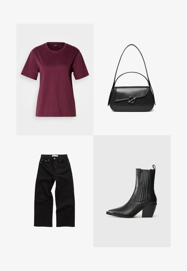 Burgunderrotes T-Shirt mit kurzen Ärmeln, aus weicher Baumwolle, mit einem runden Ausschnitt und einem gestickten Logodetail auf der Brust.; Schwarze High-Waist-Jeans mit weitem Bein, Knopf- und Reißverschluss, Vorder- und Hintertaschen mit kupferfarbenen Nieten-Details.; Schwarze Lederstiefelette mit spitzer Zehenform, gerippten Seitenpaneelen und einem klobigen Absatz, vor einem strukturierten Fliesenboden.; Schwarze Lederschultertasche mit einer geschwungenen Klappe, die durch einen runden Metallverschluss gesichert ist, und einem schlanken, verstellbaren Riemen.