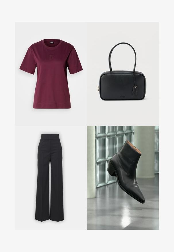 T-shirt bourgogne à manches courtes en coton doux, avec un col rond et un détail de logo brodé sur la poitrine.; Pantalons à jambes larges en tissu noir avec une taille haute, présentant une finition soignée et une texture lisse. Pas de matériel ou de motifs visibles.; Bottine en cuir noir avec un bout pointu et un talon carré lévitant au-dessus d'un sol gris réfléchissant près d'un mur en blocs de verre.; Sac à main rectangulaire noir avec doubles poignées arrondies, fermeture éclair dorée et logo "HUGO" embossé sur le devant avec une étiquette en cuir attachée.