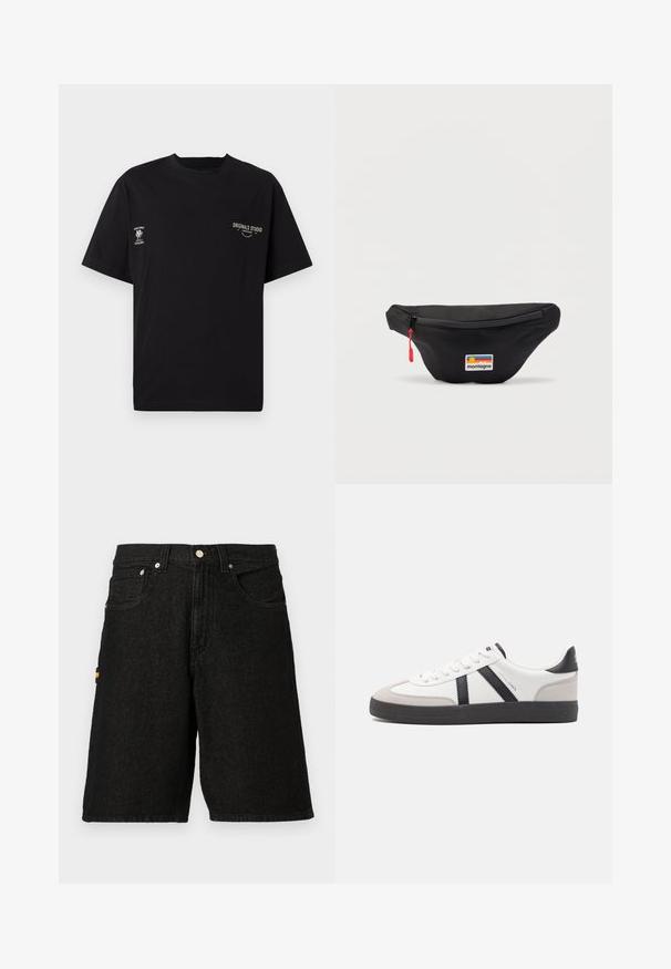 Sort kortærmet T-shirt med rund hals, prydet med små hvide trykte tekster og grafik på venstre og højre bryst.; Sorte denimshorts med et klassisk fem-lomme design, sølvhardware og en diskret orange detalje på sidelommen.; Hvide sneakers med sorte og grå detaljer, med en tekstureret grå tåhætte, sort gummisål og flade hvide snørebånd. Rent design, minimalistisk stil.; Sort bælteväske med en rød lynlåstrækker og et rektangulært "montagne" logoemblem med en sol og striber på forsiden.