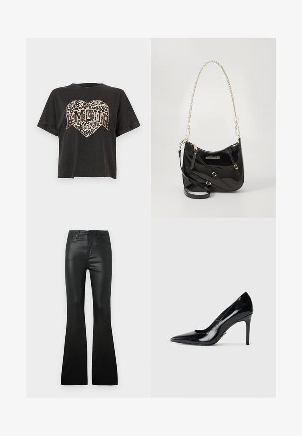 Sort kortærmet cropped t-shirt med leopardprint-hjerte og ordet "AMOUR" i fed skrift henover midten.; Sorte flared bukser lavet af glat, skinnende materiale. Har frontlommer og knaplukning. Skræddersyet pasform gennem talje og hofter.; Sort patenteret læder højhælet pumpe med spids tå og slank stilettohæle på hvid baggrund.; Sort patentlæder crossbody taske med en buet form, sølv kædestrop, hardware i guld-tone og justerbar skulderstrop.