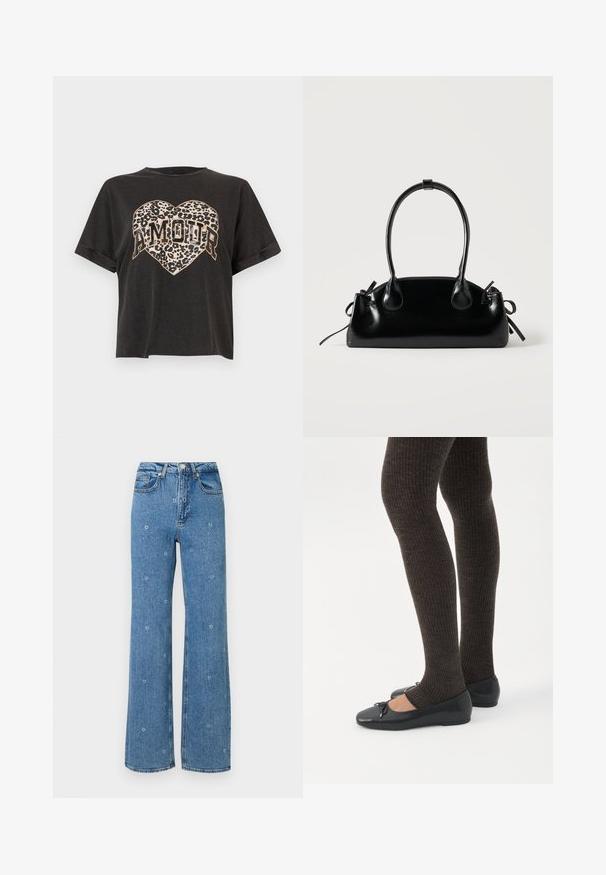 Camiseta negra corta de manga corta con un gráfico de corazón con estampado de leopardo y la palabra "AMOUR" en texto en negrita en el centro.; Jeans de talle alto en azul, de pierna recta, con pequeños bordados de flores blancas esparcidos por la tela.; Piernas con leggings oscuros acanalados combinados con bailarinas negras que presentan pequeños detalles de lazo sobre un fondo blanco.; Pequeño bolso negro brillante con dos asas largas y detalles de cordón lateral sobre un fondo claro liso.