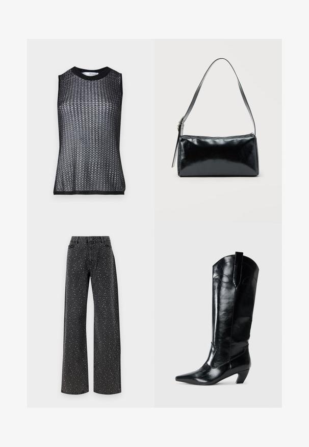 Musta ilmaõlgadega särk, millel on tekstuuriga kootud muster, ümmargune kaelus ja kontrastne soonikääris allservas ja õlavarreaukudel.; Noisy May Rhinestone - Avar lõikega teksad - black denim; Mustad musta nahast põlvekõrgused saapad, millel on terav varvas, madal konts ja dekoratiivne õmblusdetail külgedel. Sile läikiv pind.; Must ristkülikukujuline õlakott ühe reguleeritava rihmaga ja ülemise tõmblukuga, ühtlase taustaga.