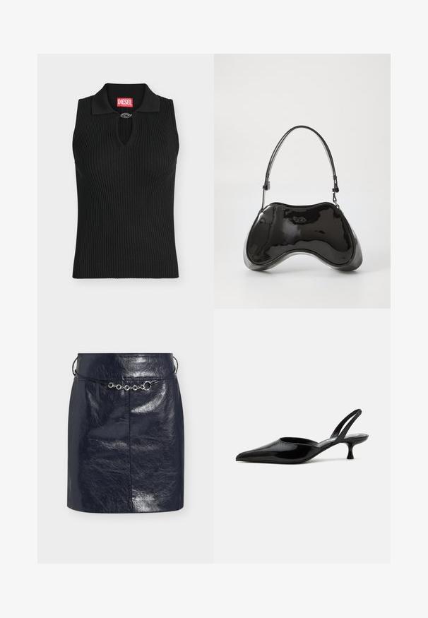 Haut noir sans manches en maille côtelée avec col et petite attache métallique au niveau de l'encolure, avec une étiquette rouge de la marque Diesel à l'intérieur du col.; Mini-jupe en similicuir noir brillant avec une fine ceinture cordon noire ornée d'accents métalliques argentés circulaires à l'avant.; Chaussure slingback à talon kitten en cuir verni noir avec bout pointu et talon bas incurvé sur fond clair uni.; Sac à main en cuir verni noir avec une forme incurvée unique, une anse courte et ajustable, et une fermeture zippée. Texture lisse avec un branding discret.