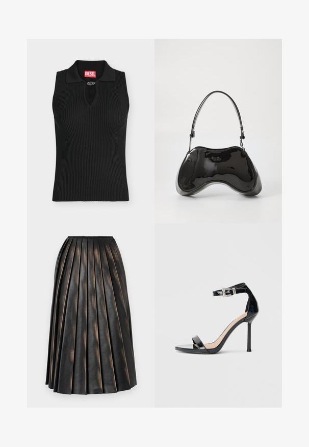 Haut noir sans manches en maille côtelée avec col et petite attache métallique au niveau de l'encolure, avec une étiquette rouge de la marque Diesel à l'intérieur du col.; Jupe midi plissée noire avec une finition texturée légèrement brillante et un petit logo près de la ceinture.; Sandale à talon haut en cuir verni noir avec bride à la cheville. Présente un design minimaliste, un bout ouvert et une boucle ornée de strass.; Sac à main en cuir verni noir avec une forme incurvée unique, une anse courte et ajustable, et une fermeture zippée. Texture lisse avec un branding discret.