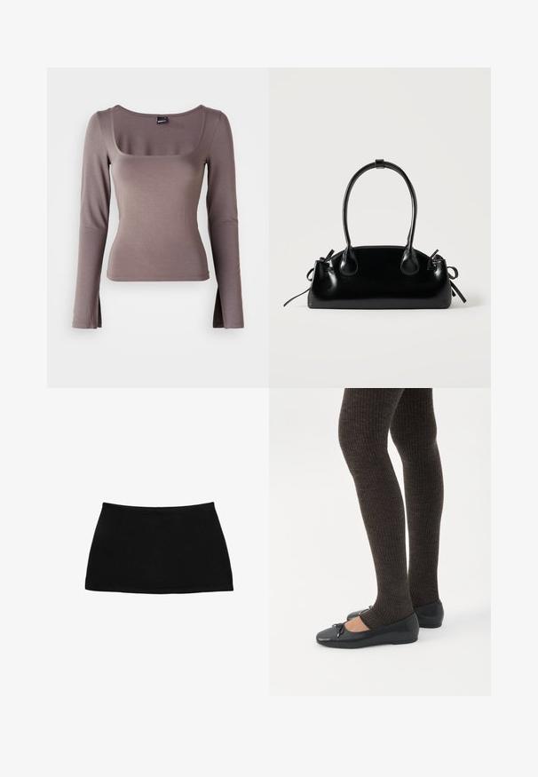 Haut à manches longues en tissu doux marron. Doté d'un décolleté carré et d'un fente sur les côtés à l'ourlet. Texture lisse avec un design ajusté.; Mini-jupe noire en coton avec une taille ajustée. Texture lisse, design simple et ourlet droit. Pas de motifs ou de pièces métalliques visibles.; Jambes portant des leggings côtelés foncés associés à des ballerines noires avec de petits détails en nœud sur fond blanc.; Petit sac à main noir brillant avec deux longues anses et des détails à cordon sur les côtés sur un fond clair uni.
