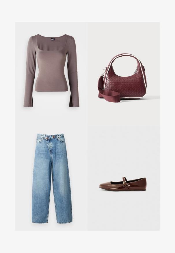 Top de manga larga en una suave tela marrón. Presenta un escote cuadrado y aberturas laterales en el dobladillo. Textura suave con un diseño ceñido.; ONLY ONLECHO WIDE UNEAVEN - Pernera ancha - medium blue denim; Bailarina de charol marrón con punta cuadrada y tira que presenta una pequeña hebilla dorada. Textura suave, tacón bajo y diseño minimalista.; Bolso de mano de cuero tejido color granate con asa curva, ribete blanco, cremallera plateada y correa desmontable de tela ancha para el hombro sobre fondo liso.