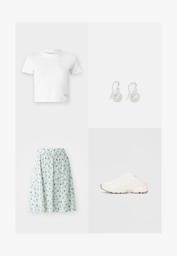 Camiseta blanca corta hecha de algodón suave, con un cuello alto y mangas cortas. Pequeño logo bordado en la esquina inferior.; Falda floral con cintura elástica, hecha de tela ligera. Presenta una base verde menta con pequeños patrones florales azules y blancos en toda la prenda.; Zapatilla deportiva blanca con parte superior de malla y sintético, punta redondeada, suela curva y acentos texturizados. Cordones ocultos bajo una superposición de estilo deportivo.; Pendientes de gancho en tono plateado con diseño circular, que cuentan con un brillante de vidrio transparente en el centro rodeado de pequeñas piedras brillantes.