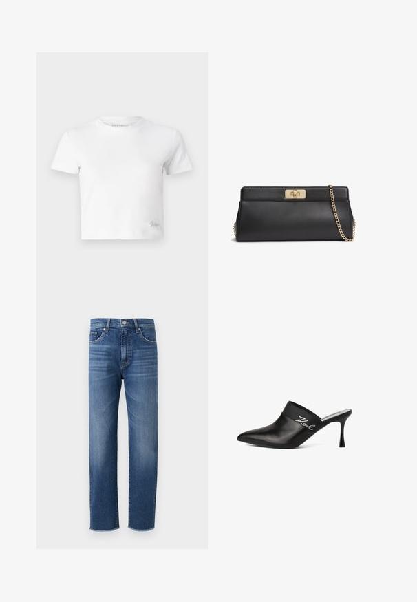 Hvid kortærmet t-shirt lavet af glat bomuld med høj hals og korte ærmer. Lille broderet logo i bunden af hjørnet.; Blå denimjeans med straight-leg design, featuring en falmet finish, fem-lomme styling og en frynset kant.; Sort lædermule med spids tå og stilettohæl. Har et bredt bånd med sølvskrift detaljeret på siden. Glat overflade.; Sort læderclutch med lås i guldmetal og en matchende guld kæderem til skulderen.