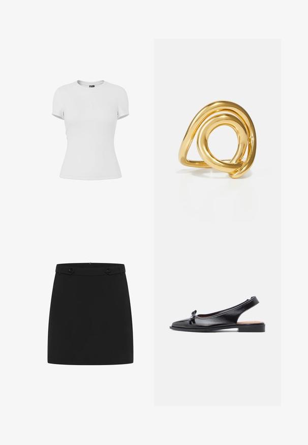 T-shirt ajusté blanc uni à manches courtes avec col rond, présenté sur un fond blanc.; Jupe mini noire en tissu lisse présentant un design simple, une taille plate et deux accents de boutons décoratifs à l'avant.; Chaussure slingback en cuir verni noir avec un bout pointu et un petit nœud décoratif à l'avant, dotée d'une semelle plate et d'une surface texturée.; Bague en or avec un design fluide et sculptural, présentant des boucles entrelacées et une surface lisse et polie. Aucun motif ni accent visible.