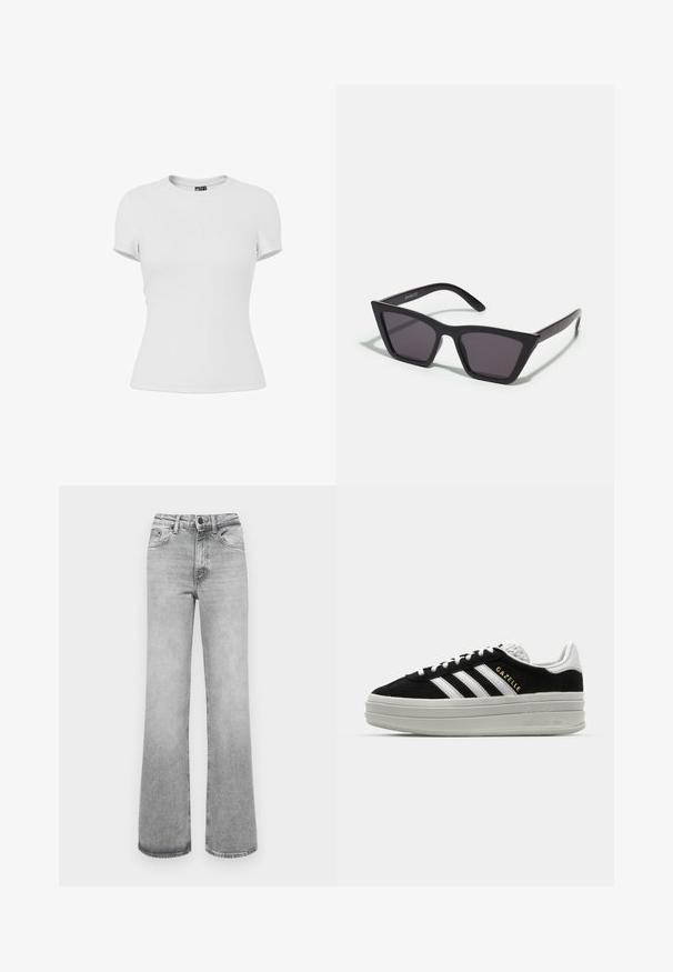 Schlichtes weißes, eng anliegendes T-Shirt mit kurzen Ärmeln und Rundhalsausschnitt, auf weißem Hintergrund dargestellt.; Helle graue, ausgebleichte gerade Jeans mit Fronttaschen, Gürtelschlaufen sowie einem Knopf- und Reißverschluss.; Schwarze Wildleder-Sneaker mit weißen Lederakzenten, drei weißen Streifen, flachen Schnürsenkeln und einer dicken grauen Plateausohle. Goldenes "Gazelle"-Branding.; Schwarze, eckige Sonnenbrille mit grauen Gläsern; aus Kunststoff gefertigt, mit dicken Bügeln, die eine glatte Oberfläche und keine sichtbaren Beschläge haben.