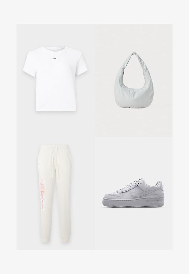 Camiseta corta de manga corta blanca de Nike con un pequeño logo negro de Nike Swoosh centrado justo debajo del escote.; Pantalones de chándal blancos con un diseño ajustado, que presentan un logo rosa de "Nike Sportswear" en la pierna izquierda y una cintura elástica con cordones.; Zapatilla Nike Air Force 1 gris con puntera perforada, parte superior de cuero suave, suela gruesa y detalle en relieve 'AIR' en el talón.; Bolso hobo suave y de color gris claro, hecho de material sintético. Cuenta con un asa acolchada y un compartimento con cremallera en el lateral.