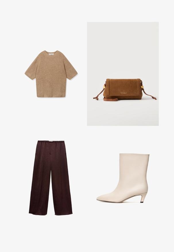 Oversized trui met korte mouwen in zacht beige materiaal, voorzien van een ronde halslijn en een licht gestructureerde afwerking. Minimalistisch ontwerp.; Wijde broek in donkerbruin met een textuurstof. Voorzien van een elastische tailleband en een losse pasvorm voor bewegingsvrijheid.; Beige leren enkelboot met een pointed toe en een conische hak. Gladde textuur met minimale stiknaden en een slanke silhouet.; Bruine suède rechthoekige crossbodytas met verstelbare band, gouden beslag en sluiting met klep aan de voorkant, gebrandmerkt met "Coccinelle" in kleine gouden letters.