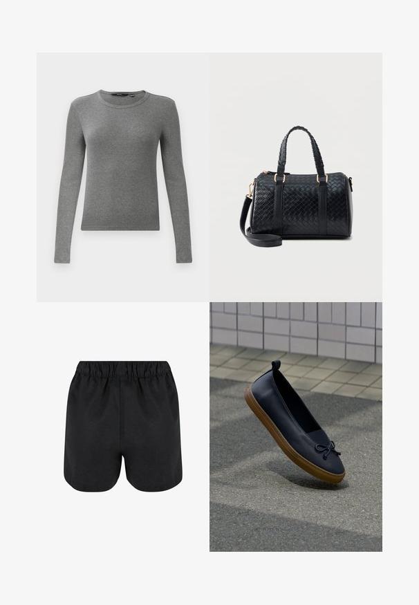 Pull en maille côtelée gris à manches longues avec un col rond et une coupe ajustée. La texture semble lisse et élastique, idéale pour superposer.; Shorts noirs avec une taille élastique. Tissu doux, design simple et ourlet légèrement arrondi en bas. Pas de motifs ou de logos visibles.; Chaussure en cuir noir à enfiler avec semelle en caoutchouc marron et détail d'un nœud noué, flottant au-dessus d'un trottoir gris à côté d'un mur carrelé.; Sac à main en cuir noir avec motif tissé, deux poignées courtes et une bandoulière longue amovible, présenté sur un fond clair uni.