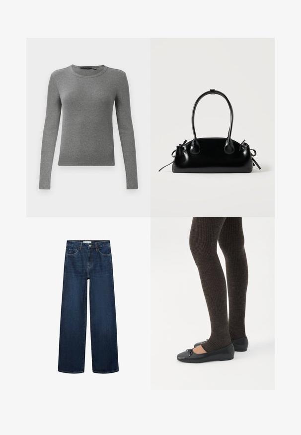 Grauer, langärmeliger Rippstrickpullover mit rundem Halsausschnitt und figurbetonter Form. Die Textur wirkt glatt und elastisch, ideal zum Layering.; Weite dunkelblaue Denim-Jeans mit hoher Taille, ausgestattet mit fünf Taschen und einer klassischen Knopfschließe. Glatte Textur und gerader Schnitt.; Beine in dunklen, gerippten Leggings kombiniert mit schwarzen Ballerinas mit kleinen Schleifendetails auf weißem Hintergrund.; Kleine schwarze glänzende Handtasche mit zwei langen Griffen und seitlichen Kordelzug-Details vor einfachem hellem Hintergrund.