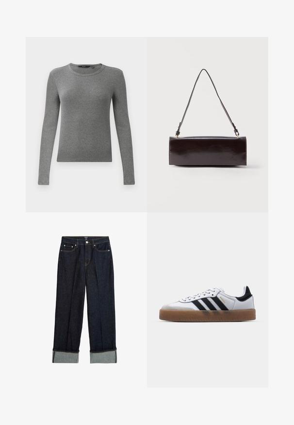 Grå langærmet ribbet sweater med rund halsudskæring og tætsiddende pasform. Teksturen ser glat og elastisk ud, hvilket gør den velegnet til lag-på-lag.; Mørkeblå bredbenede jeans med opsmøg, der har orange syninger og klassisk fem-lommers design. Lavet af denimstof.; Hvide lædersneakers med sorte striber, gummirubber sål, rund tå, snørelukning og blød grå ruskinds tåhætte.; Rektangulær sort læderhåndtaske med en enkelt lang rem og blank finish, vist mod en ensfarvet hvid baggrund.