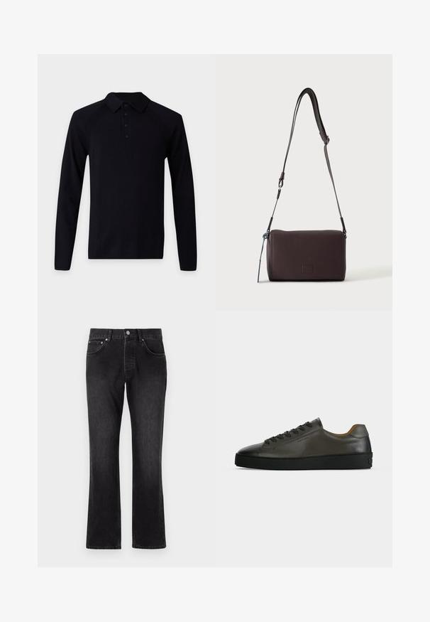 Polo noir à manches longues avec col et quatre boutons noirs sur la patte de boutonnage avant, sur un fond uni clair.; Jean en denim noir avec une coupe droite, présentant une taille mi-haute, des poches avant et une fermeture à boutons classique.; Basket basse en cuir gris foncé avec lacets et semelle noirs, design minimaliste, profil latéral sur un fond clair uni.; Sac bandoulière en cuir marron foncé texturé avec une sangle réglable et un petit accent décoratif bleu sur le côté.