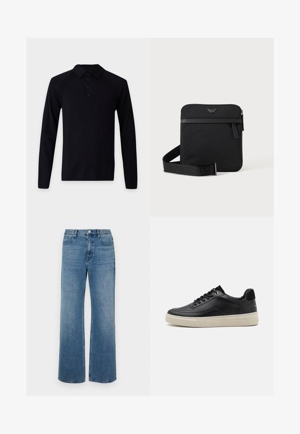 Zwarte polo met lange mouwen, kraag en vier zwarte knopen op de voorzijde, op een effen lichte achtergrond.; Brede blauwe jeans van denim met een verouderde afwerking. Heeft vijf zakken, een sluiting met vooraan knoop en een rechte snit.; Zwart leren sneaker met een laag profiel, voorzien van een crèmekleurige rubberen zool, ronde neus en vetersluiting, geaccentueerd met een zwarte suede hiel.; Zwarte vierkante schoudertas met ritssluiting, voorvak en verstelbare band met geperste merknaam.