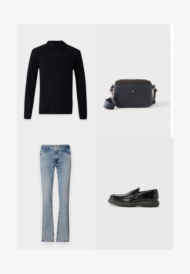 Zwarte polo met lange mouwen, kraag en vier zwarte knopen op de voorzijde, op een effen lichte achtergrond.; Lichtblauwe flared jeans van denim met een middelhoge taille, vijf zakken en een verantwoorde afwerking, voorzien van een rits en metalen knoopsluiting.; Zwarte leren instapper met een glanzende afwerking, een ronde neus, subtiele stiksels en een dikke rubberen zool voor duurzaamheid.; Rechthoekige donkerblauwe crossbodytas met verstelbare riem, ritssluiting en subtiel logopatroon op het voorpaneel.