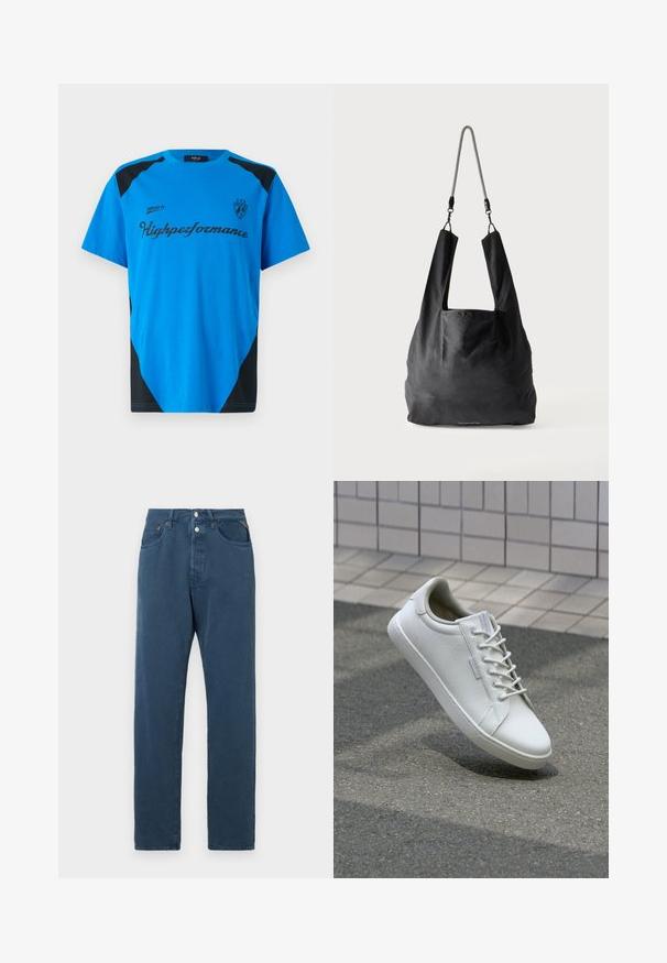 Replay SHORT SLEEVE GRAPHIC - Camiseta estampada - azzurro; Jeans azules de corte recto, con una cintura alta, dos bolsillos frontales y cierre de botón. La tela parece suave y sin adornos.; Zapatilla blanca hecha de cuero texturizado, con un cierre de cordones en la parte delantera, suela de goma resistente y un diseño minimalista con puntera reforzada.; Bolsa de mano de tela negra suave con asas anchas y una delgada correa de hombro trenzada en negro y blanco.
