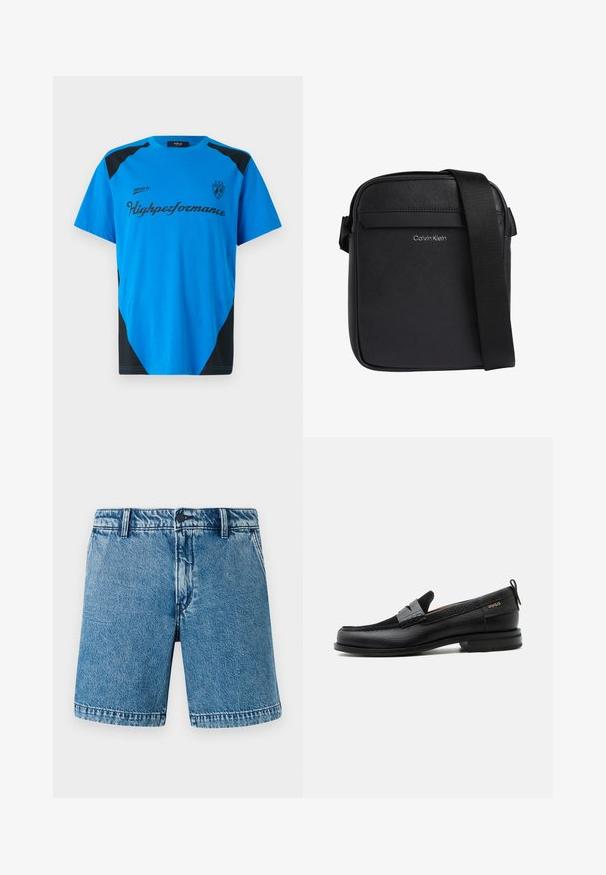 Replay SHORT SLEEVE GRAPHIC - Camiseta estampada - azzurro; Shorts de mezclilla en azul claro con un corte relajado. Presentan un diseño estándar de cinco bolsillos, cierre de botón y bordes rematados con un ligero desgaste.; Mocasín de cuero negro con detalle de tira gris, tacón bajo y suela texturizada, con la marca "HUGO" en oro en el lateral.; Bolso bandolera negro de Calvin Klein con superficie texturizada y correa de hombro ajustable.